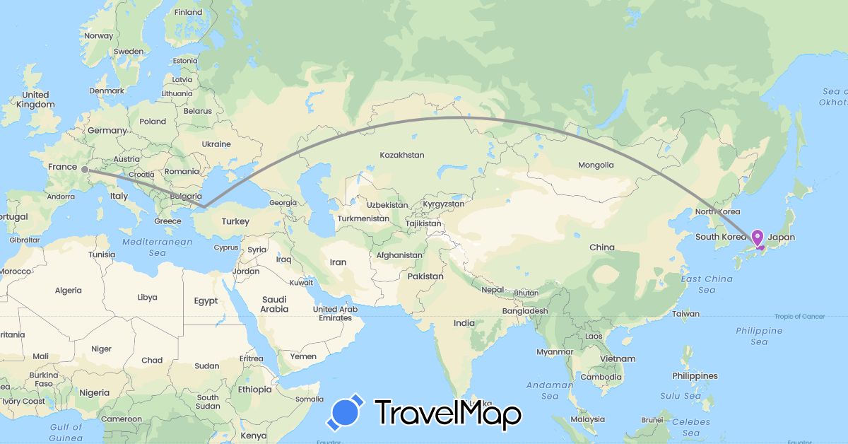 TravelMap itinerary: driving, plane, train in Switzerland, Japan, Turkey (Asia, Europe)